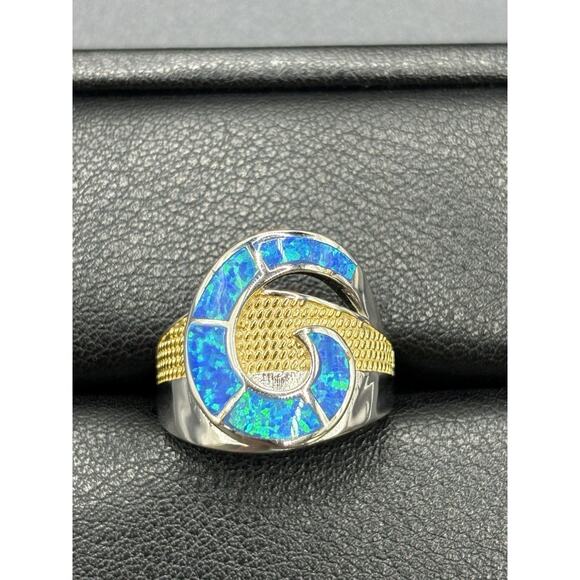 New Condition Two Tone Lab Blue Opal Ring Size 7 - Picture 2 of 11